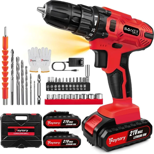 BRIEFNESS 21V Cordless Drill Screwdriver Kit 45Nm 2-Speed 25+1 Torque 3/8'' Chuck LED for Home DIY Hammer Drill 1.5Ah Battery