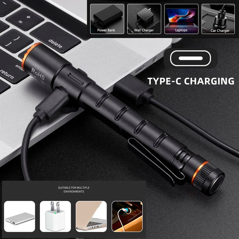 Alonefire Zoom Mini EDC Pen Light Flashlight USB Rechargeable Magnet Small Torch Outdoor Hiking Travel Camping Work Repair Lamp