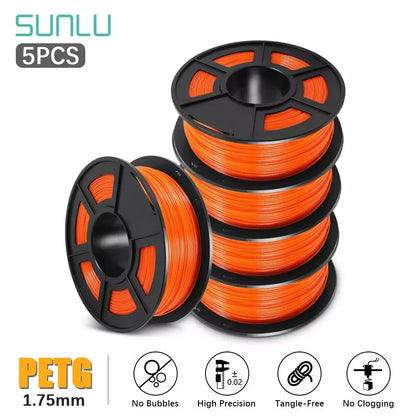 SUNLU 5Roll PETG/PETG Clear Filament 1.75 ±0.02mm 1kg Spool (2.2lbs) High Toughness Neatly Wound Filament Fit Most FDM Printer