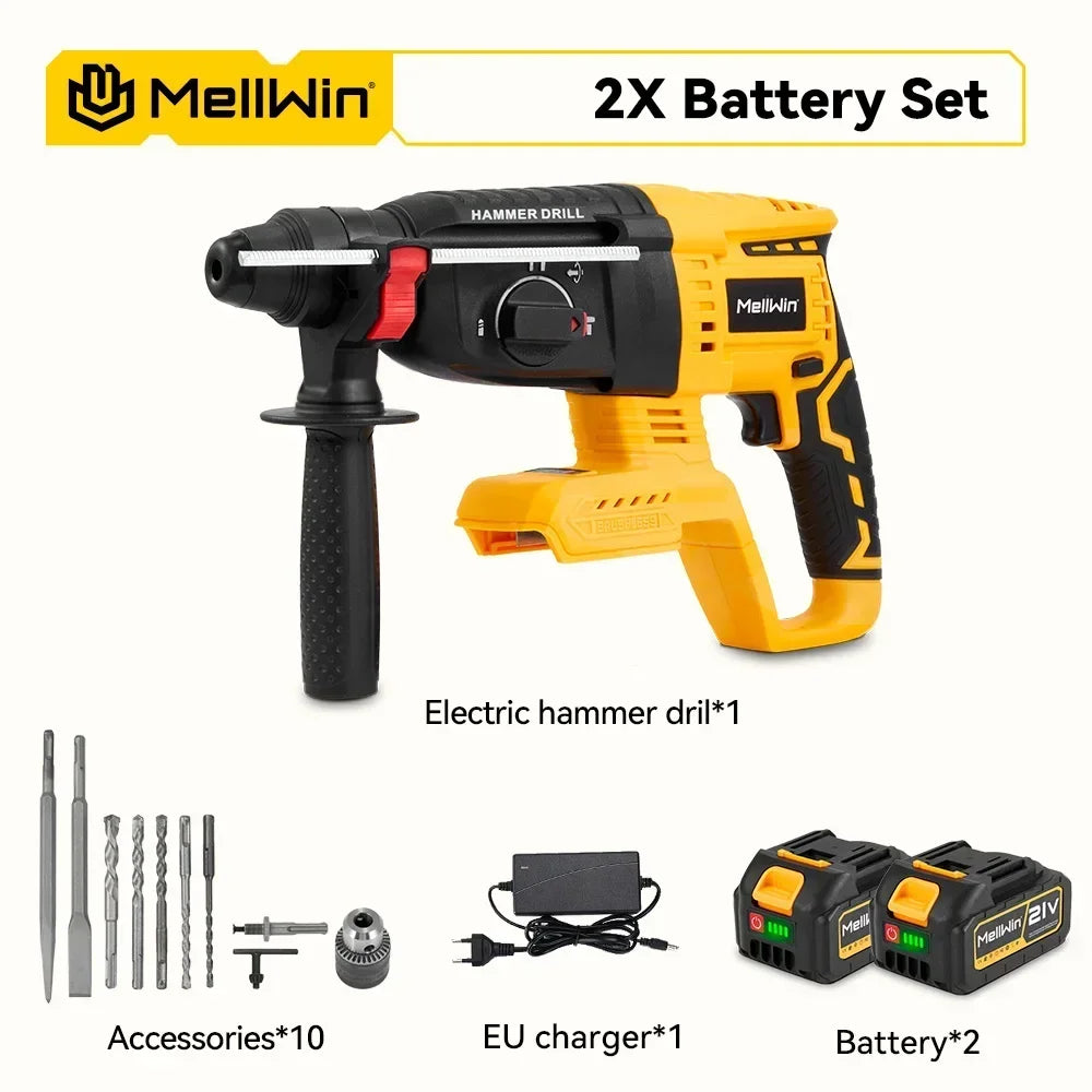 MELLWIN 3 in 1 Brushless Electric Hammer Drill Multifunction Impact Hammer for Steel Concrete Wood For Makita 18V Battery Pin