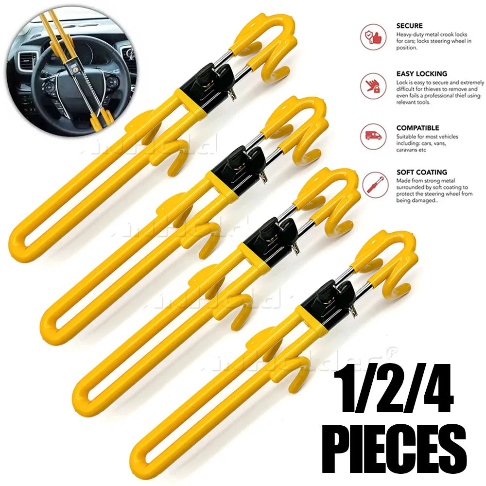 1/2/4Piece Vehicle Anti-Theft Security Lock with Adjustable Length Clamp Double Hook Locks Heavy Duty Steering Wheel Lock w/Keys