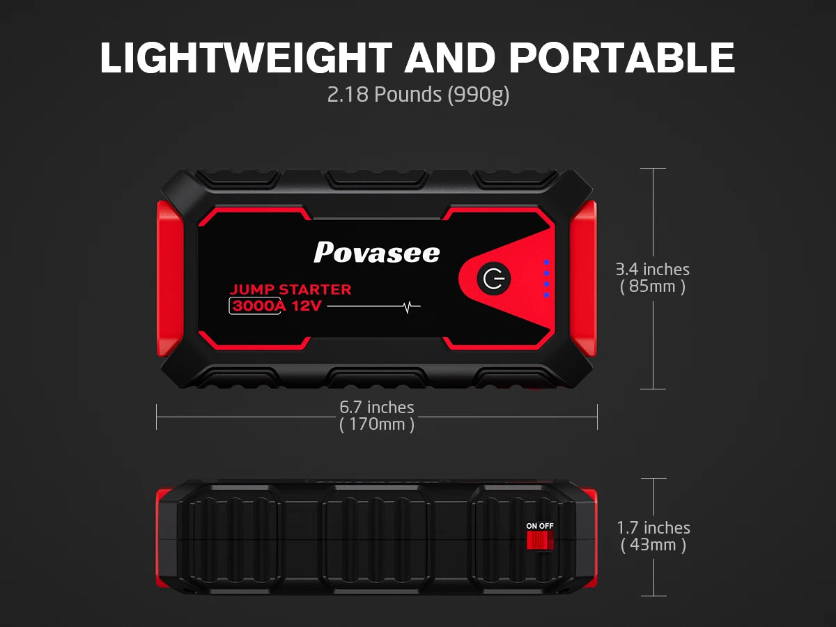 Povasee Jump Starter Power Pack 3000A Car Battery Booster Jump Starter Car Jump Starter Power Bank Jump Pack with Jump Leads