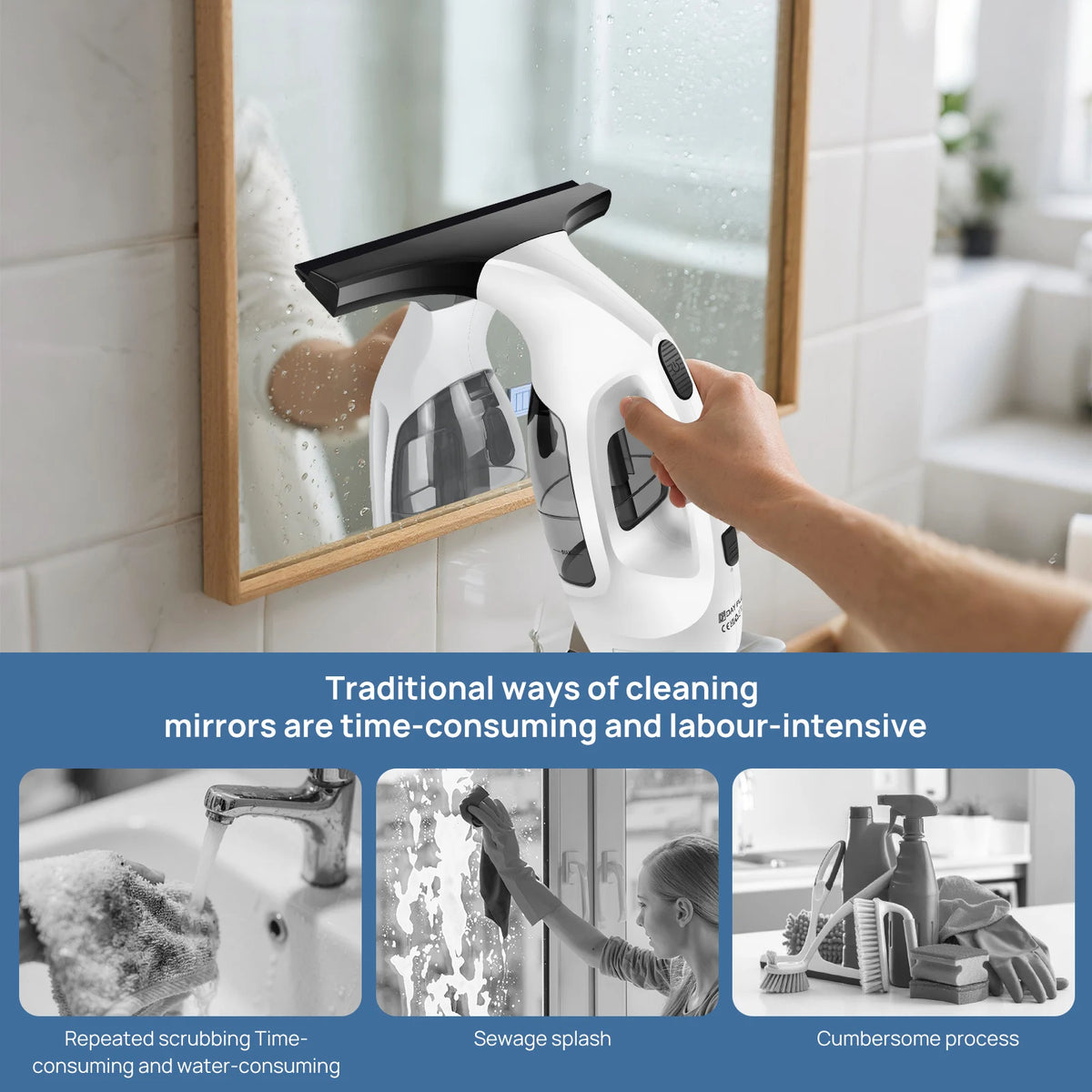 Cordless Window Vac with 2000pa, Efficiently Streak-Free Cleaning, Running Time: 50-60 Min, 3.8V Electric Window Vacuum Cleaner
