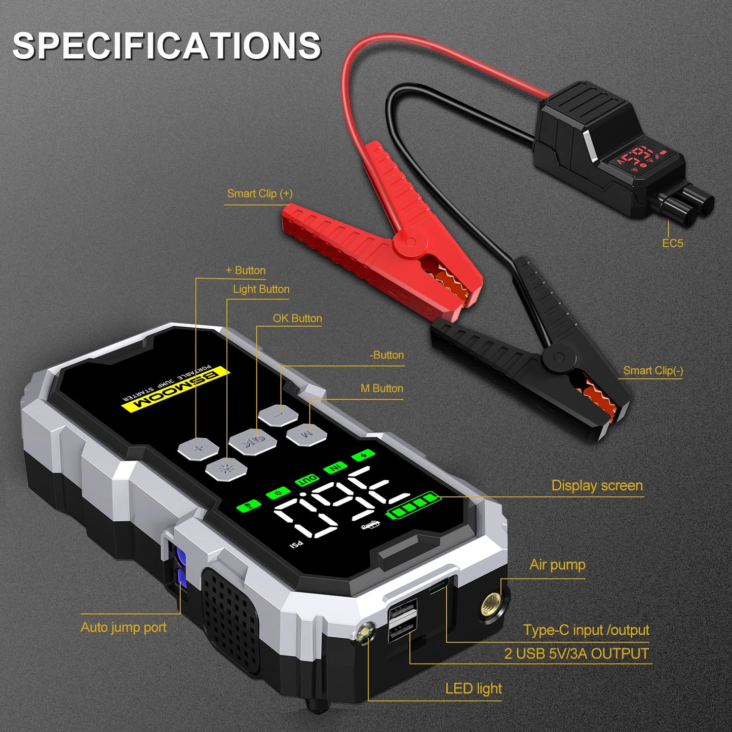 Car Jump Starter With Air Compressor LCD Screen 21800mAh Portable Booster Charger 6000A Powerful Car Battery Starting Devi