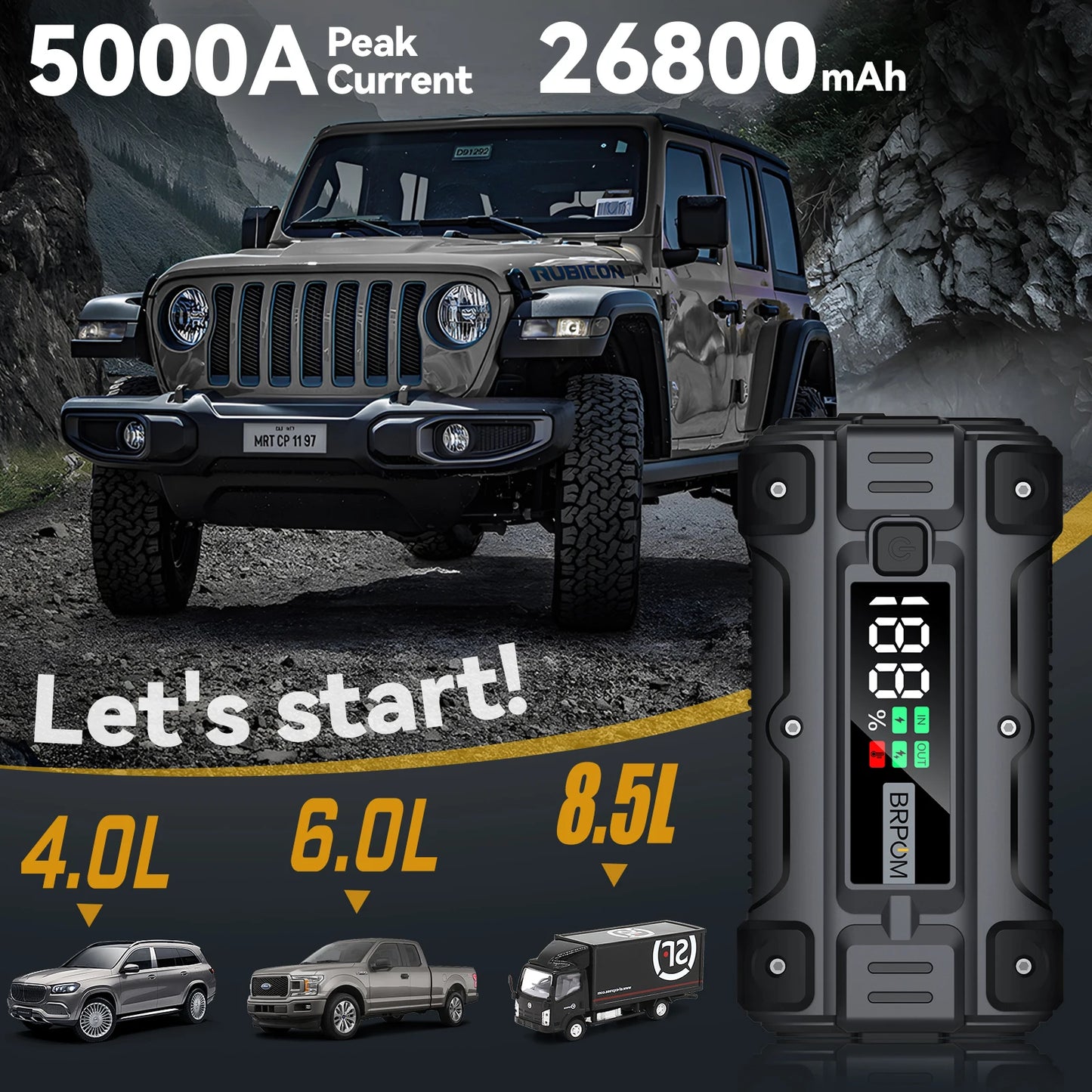 Car Jump Starter 6000A Peak 26800mAh 12V Auto Supercharger Battery Charger Jumper Box with Fast Charger Smart Jumper LED Screen