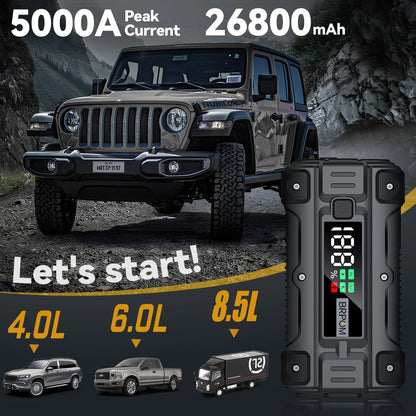 Car Jump Starter 6000A Peak 26800mAh 12V Auto Supercharger Battery Charger Jumper Box with Fast Charger Smart Jumper LED Screen