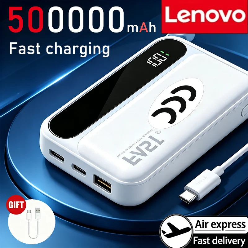 Lenovo 500000mAh Fast Charge Power Bank Portable Large Capacity 4 Built‑in Cables Backup Battery for Smartphones Daily Outdoor