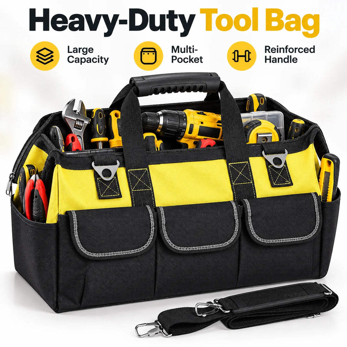 Heavy Duty Electrician Tool Bag, Large Capacity Tool Storage Bag with Multiple Compartments, Durable Polyester Work Bag with Sturdy Handles, Black Yellow Tool Bag for Job Sites