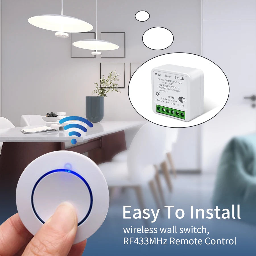 Tuya WiFi Smart Switch 16A 20A 100-240V Relay Controller RF433Mhz Wireless Remote Control Mini Round Panel Switch For Led Light
