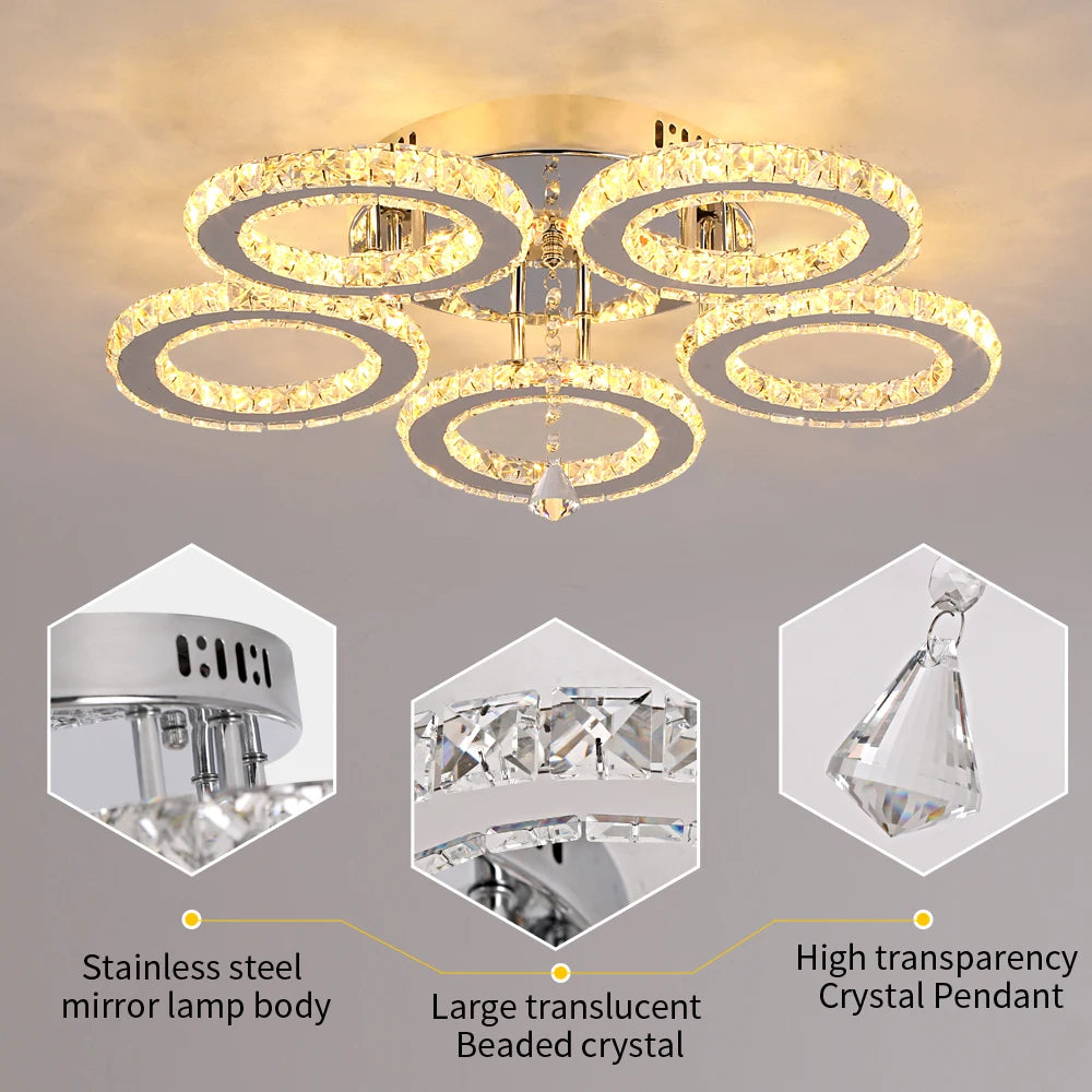 Modern Crystal Chandelier Ceiling Lamp Chrome Flush Mounted Pendant Light Luminari Dining Living Room Plafon Led Hanging Lampara