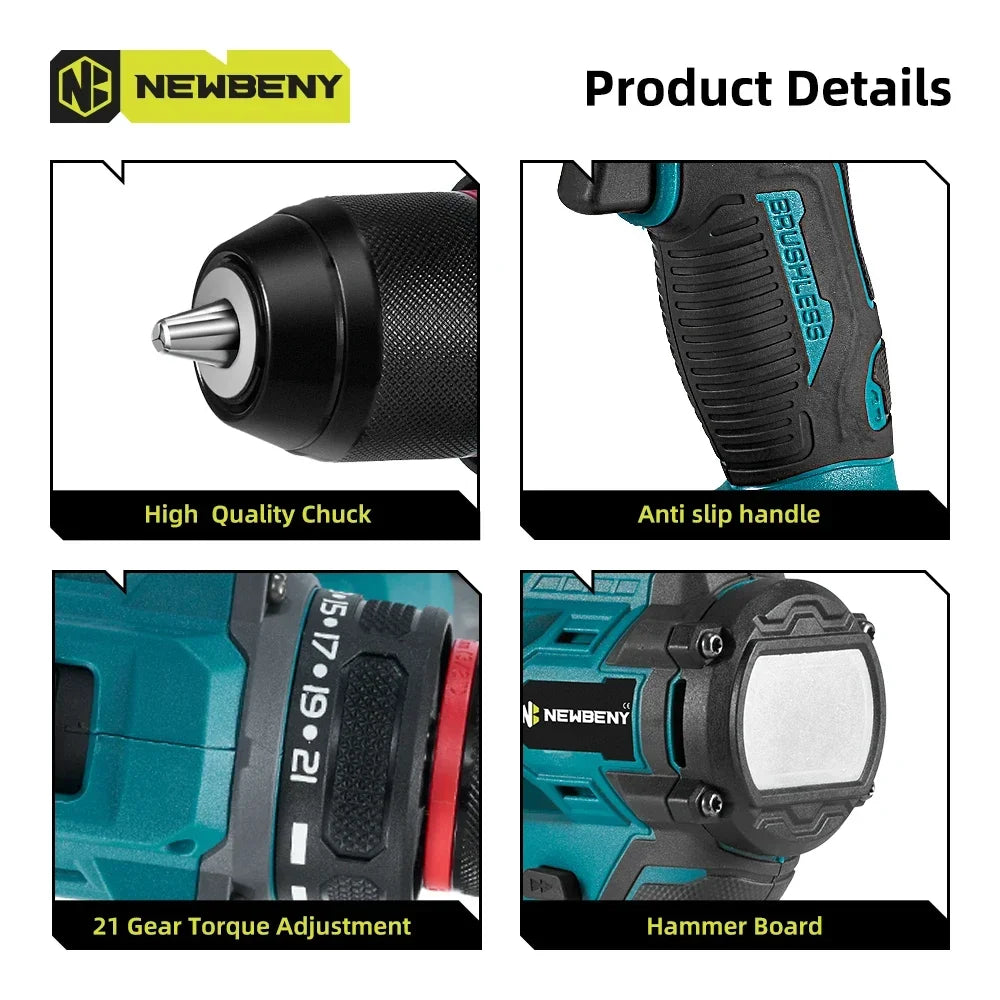 NEWBENY 10mm Brushless Electric Drill Screwdriver 21+2 Torque Cordless DIY Household Drill Tool For Makita 18-21V Battery Pin