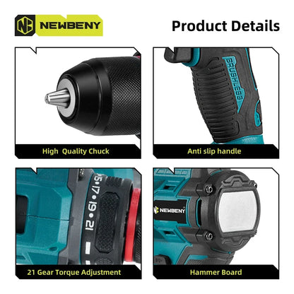 NEWBENY 10mm Brushless Electric Drill Screwdriver 21+2 Torque Cordless DIY Household Drill Tool For Makita 18-21V Battery Pin