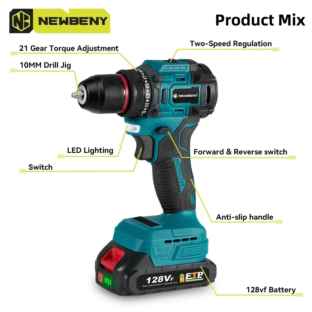 NEWBENY 10mm 21+2 Torque Brushless Electric Drill Cordless Electric Screwdriver DIY Household Tool For Makita 18V Battery Pin