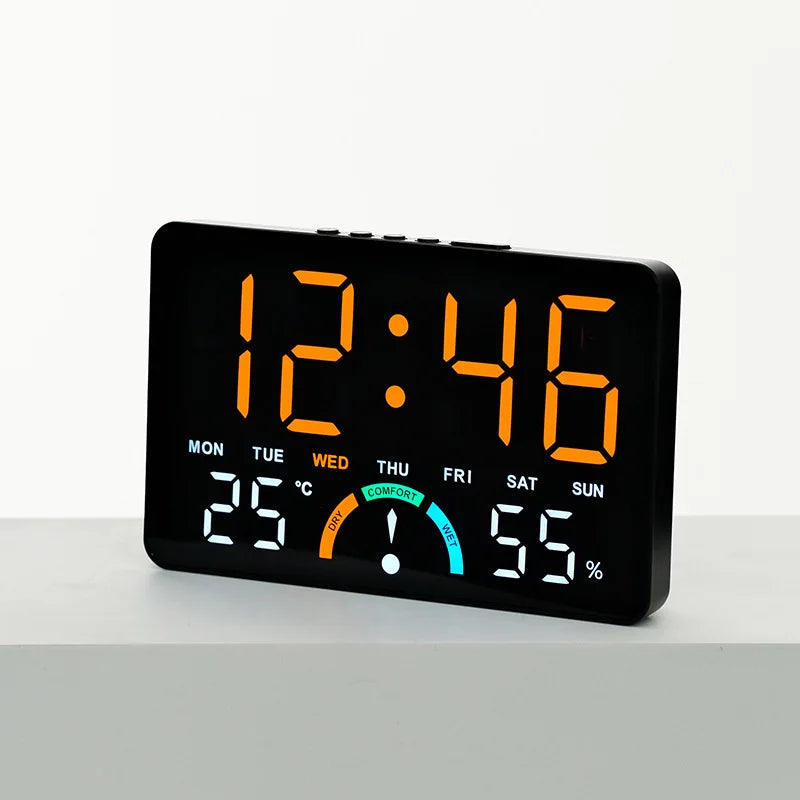 Digital Alarm Clock TEMP Humidity Week Comfort Level Dual Alarm Snooze Table Clock 12/24H Timer Auto Dimmable LED Wall Clock