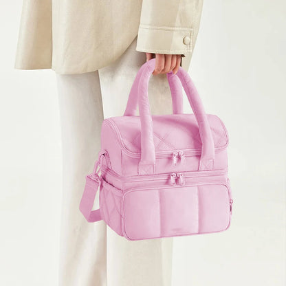 Insulated Double Deck Lunch Bag for Women Ladies Puffy Padded Lunch Tote Waterproof Bento Top Handle Bag for Work Picnic Travel