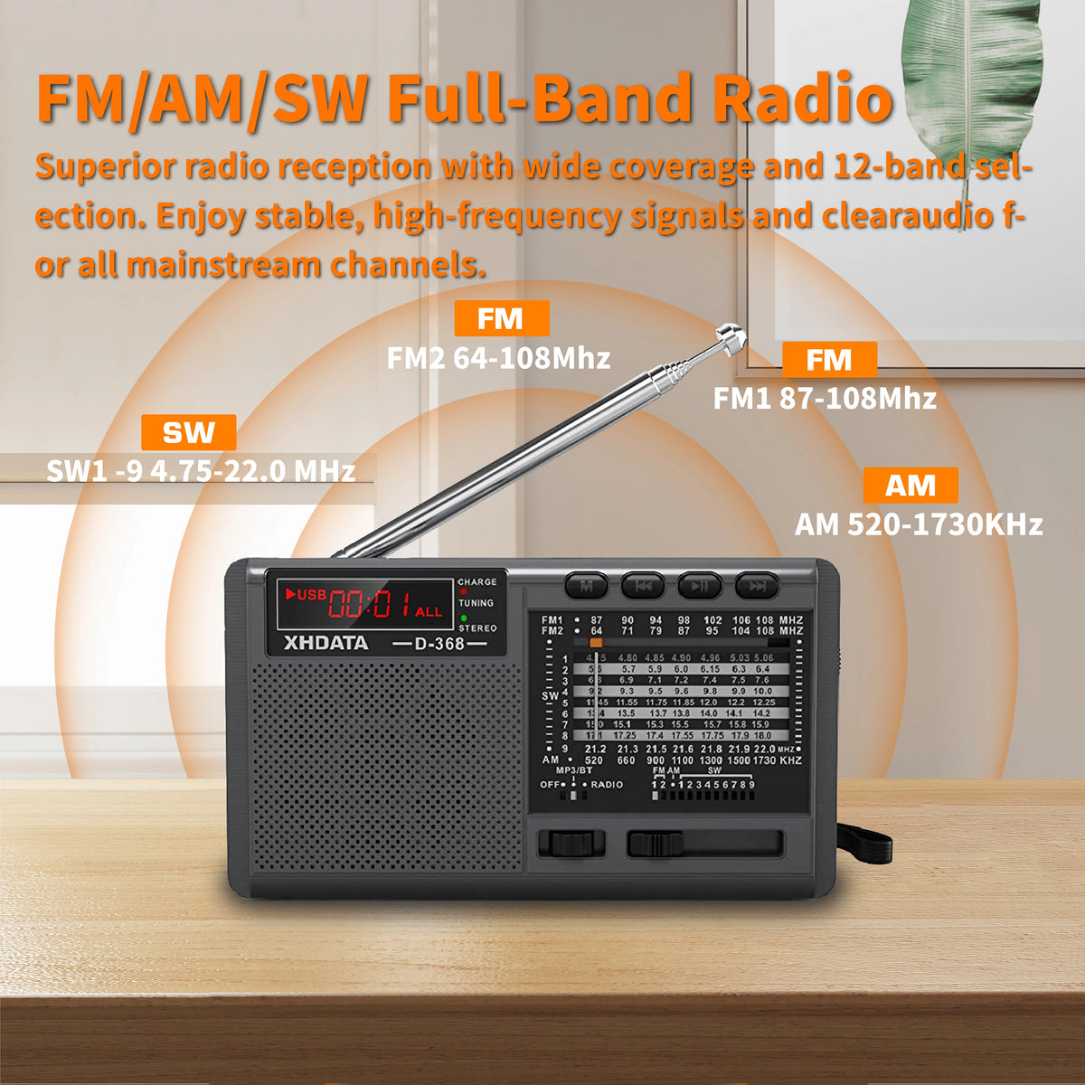 XHDATA D-368/ D-328 Portable Radio FM1-2/AM/SW 12 Band MP3 Player Bluetooth/TF Card With Headphone Jack For Elder Easy Use