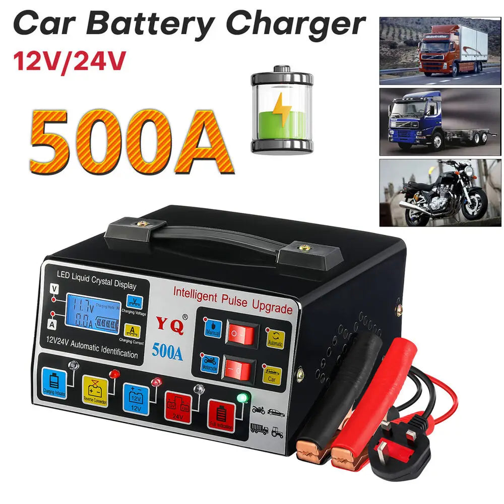 500A 12V/24V Heavy Duty Automatic Car Battery Charger Smart Pulse Repair Trickle
