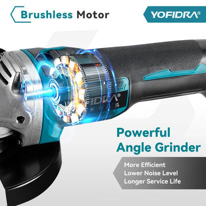 YOFIDRA 125mm Brushless Angle Grinder 4 Gear Cordless Grinding Machine Cutting Woodworking Power Tool For Makita 18V Battery Pin