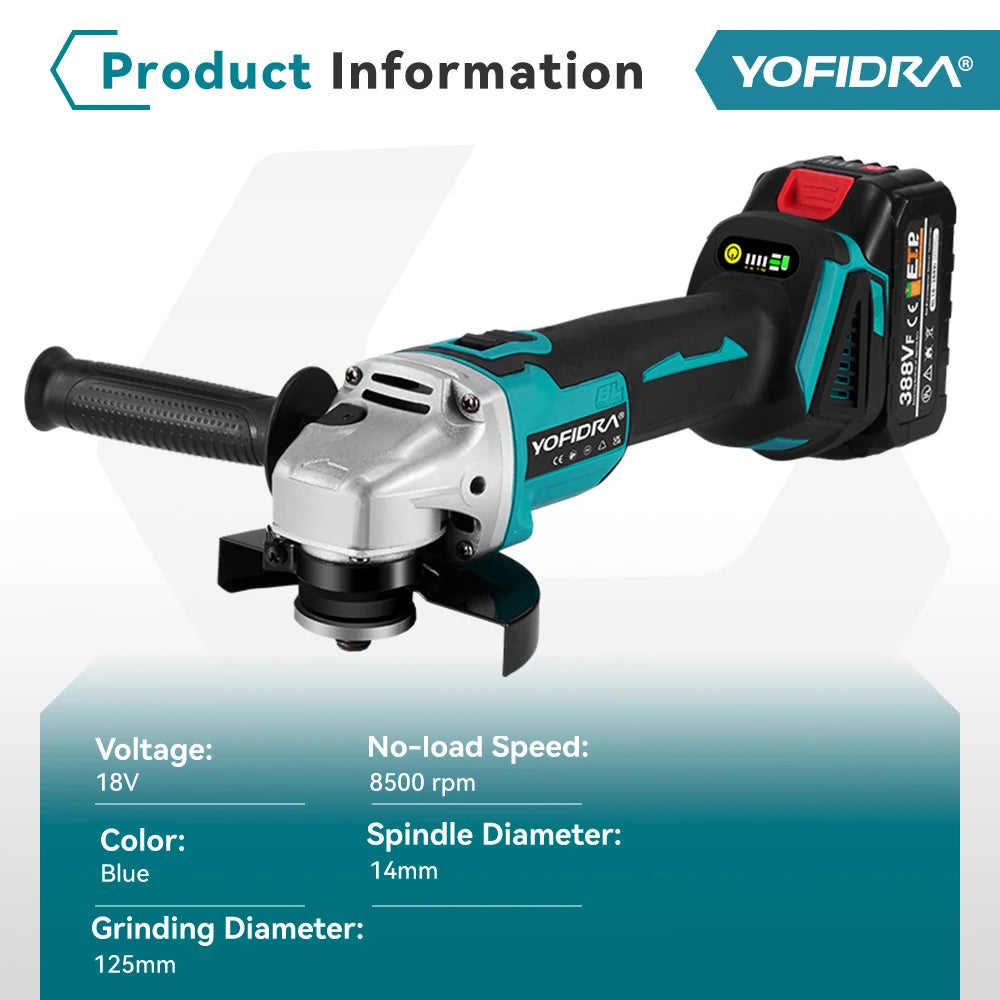 YOFIDRA 125mm 4 Gears Brushless Electric Angle Grinder Metal Wood Grinding Polishing Cutting Power Tool For Makita Battery Pin