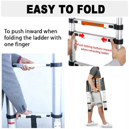 4.4m/5m Telescopic Extension Ladder with 2 Detachable Hooks, Sturdy Stainless Steel  EN131 Standard, 150kg Load Capacity