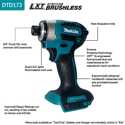 Makita DTD173 Brushless 180N.M Impact Drill Cordless Driver Electric Handheld Screwdriver Multifunction Tool For 18V Battery