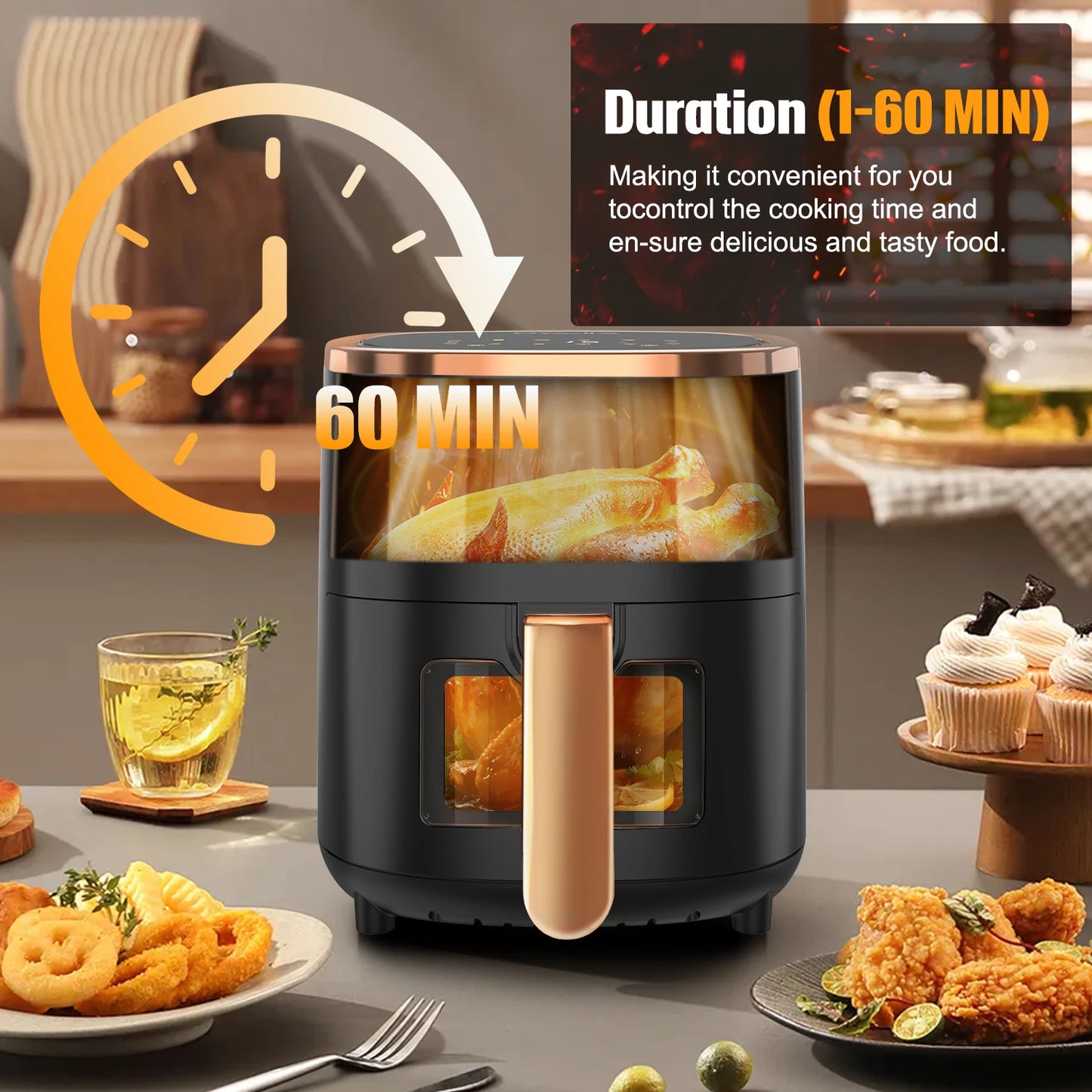 OYAJIA 6L Air Fryer with Smart Touch Display 60 Minutes Timer & 80°C-200°C Adjustable Temperature& 8 Preset Cooking Modes