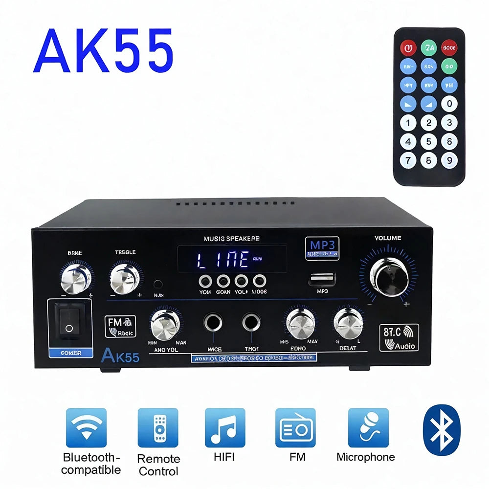 AK55 HiFi Digital Amplifier Channel 2.0 Bluetooth Surround Sound AMP Max Power 90Wx2 Speaker for Home Car BT 5.0 Audio AMP