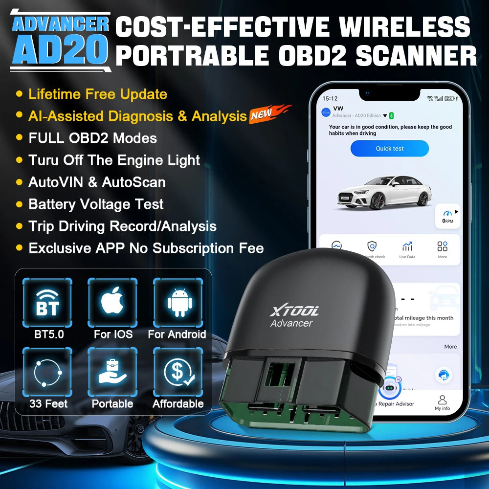 XTOOL Advancer AD20 OBD2 Scanner 2026 AI-assisted Tool Code Reader OBD 2 Diagnostic Tools Lifetime Free Updates Free Application