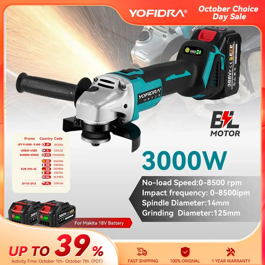 YOFIDRA 125mm Brushless Angle Grinder 4 Gear Cordless Grinding Machine Cutting Woodworking Power Tool For Makita 18V Battery Pin
