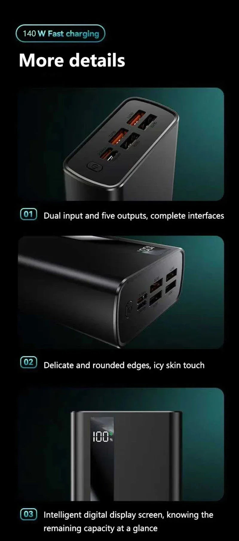 Lenovo 140W 500000mAh CCC Powerbank Super Fast Charging Portable Battery Charger Ultra Capacity LED Digital Display