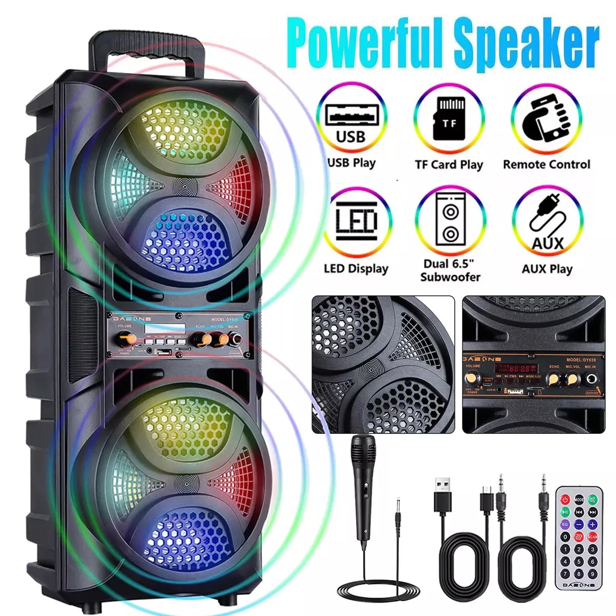 Portable Wireless PA Speaker Dual 6.5" Subwoofer System Supports AUX USB FM LED Rechargeable Battery Speakers with Microphone