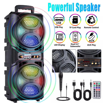 Portable Wireless PA Speaker Dual 6.5" Subwoofer System Supports AUX USB FM LED Rechargeable Battery Speakers with Microphone