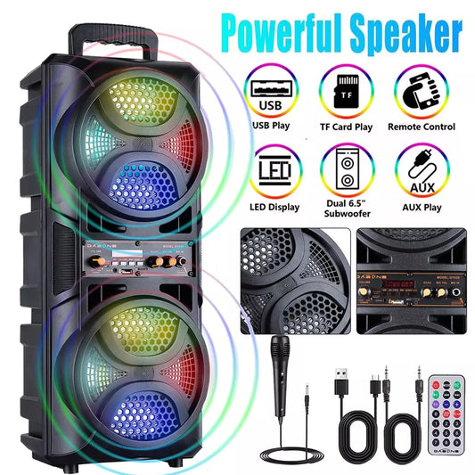 Portable Wireless PA Speaker Dual 6.5" Subwoofer System Supports AUX USB FM LED Rechargeable Battery Speakers with Microphone