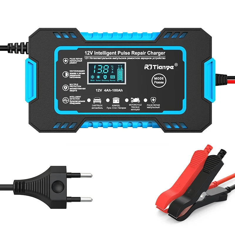 Car Battery Charger 12V 6A Touch Screen Pulse Repair LCD Fast Power Charging Wet Dry Lead Acid Digital LCD Display