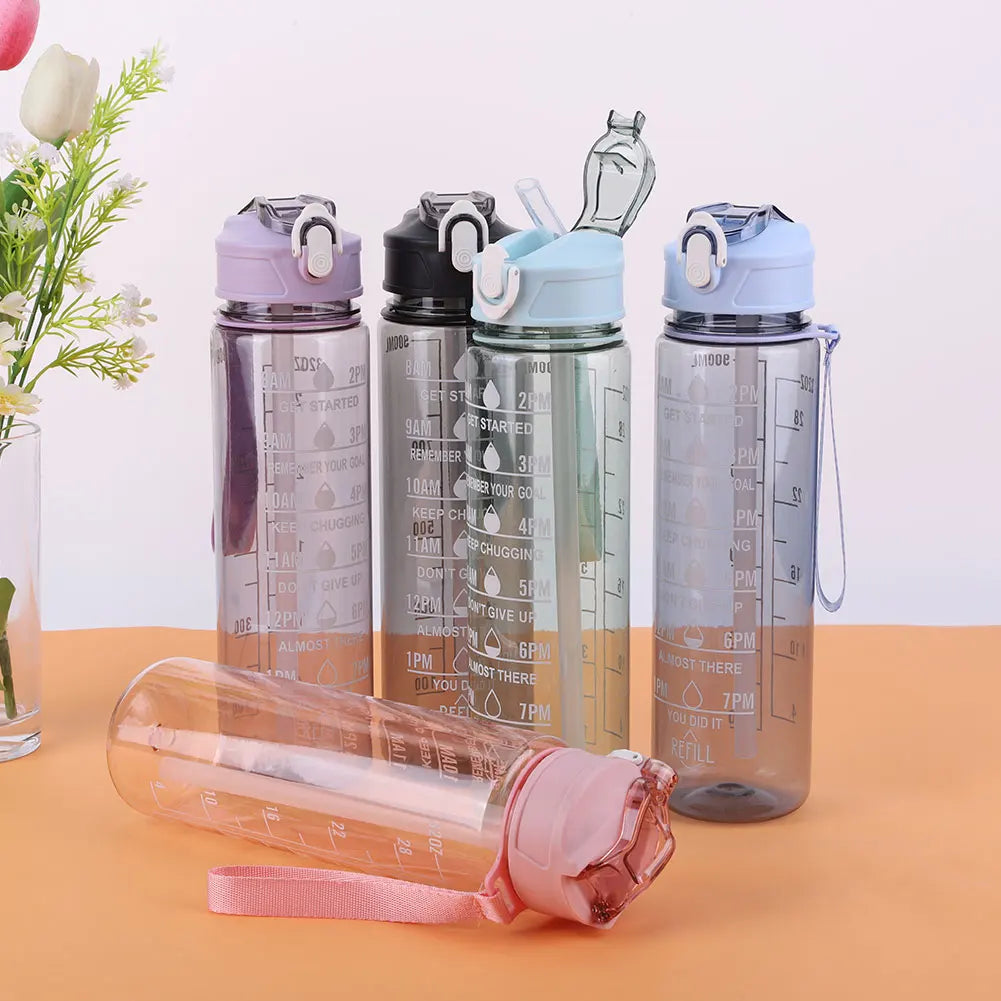 900ml Portable Drinking Cup with Straw & Handle Outdoor Travel Bottle Large Capacity Motivational Drinking Bottle for Boys Girls