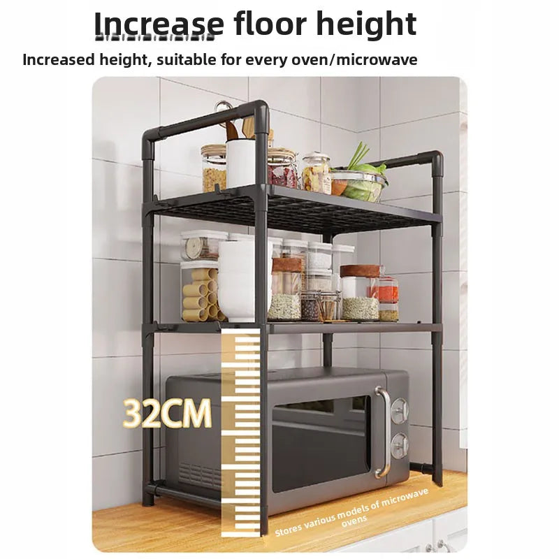 Multi-Purpose Kitchen Storage Rack - Thickened Adjustable Shelf for Microwave, Oven, Countertop Organizer with Tool Hooks