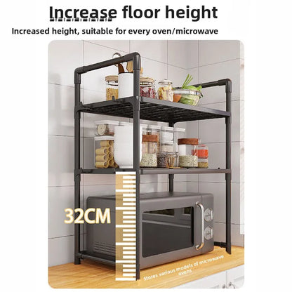 Multi-Purpose Kitchen Storage Rack - Thickened Adjustable Shelf for Microwave, Oven, Countertop Organizer with Tool Hooks