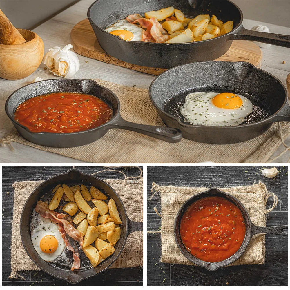 3pc Frying Pan Cast Iron Uncoated Black For Food Frying, Cooking And Stir-Frying Non-Stick Frying Pans Omelette Pan