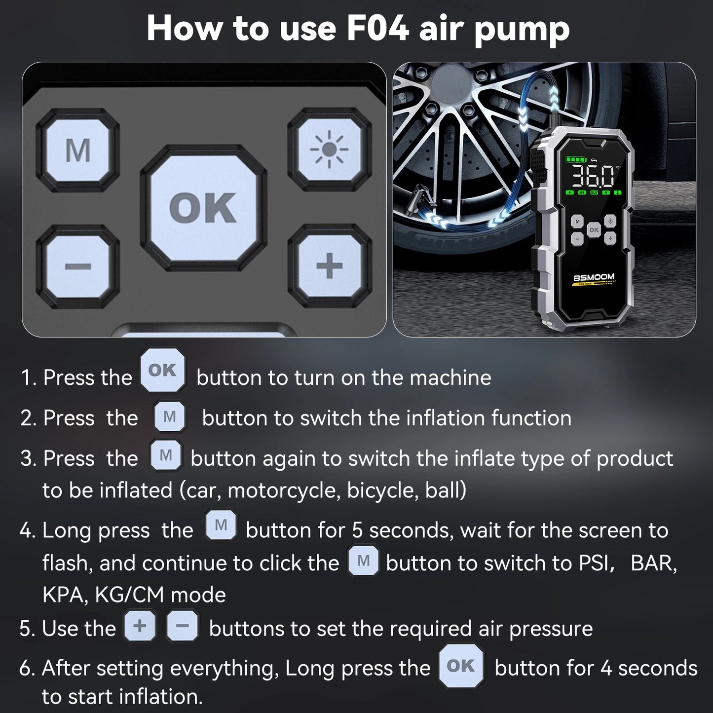 7000A Car Emergency Start Power Supply with Air Compressor, Battery Supercharger and Wireless Tire Inflator 12V Auto Jumper box