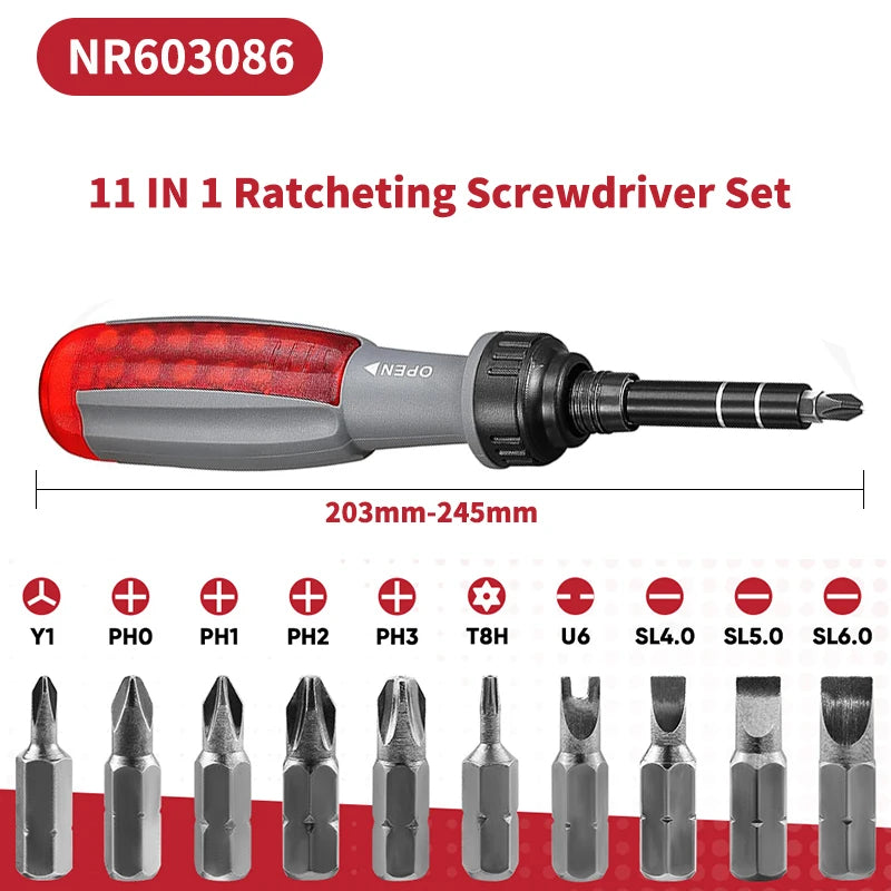 11 in 1 Ratchet Screwdriver Set Telescopic Screwdriver Two-way ABS Handle Adjustment Forward Reverse Multifunctional Bits Driver