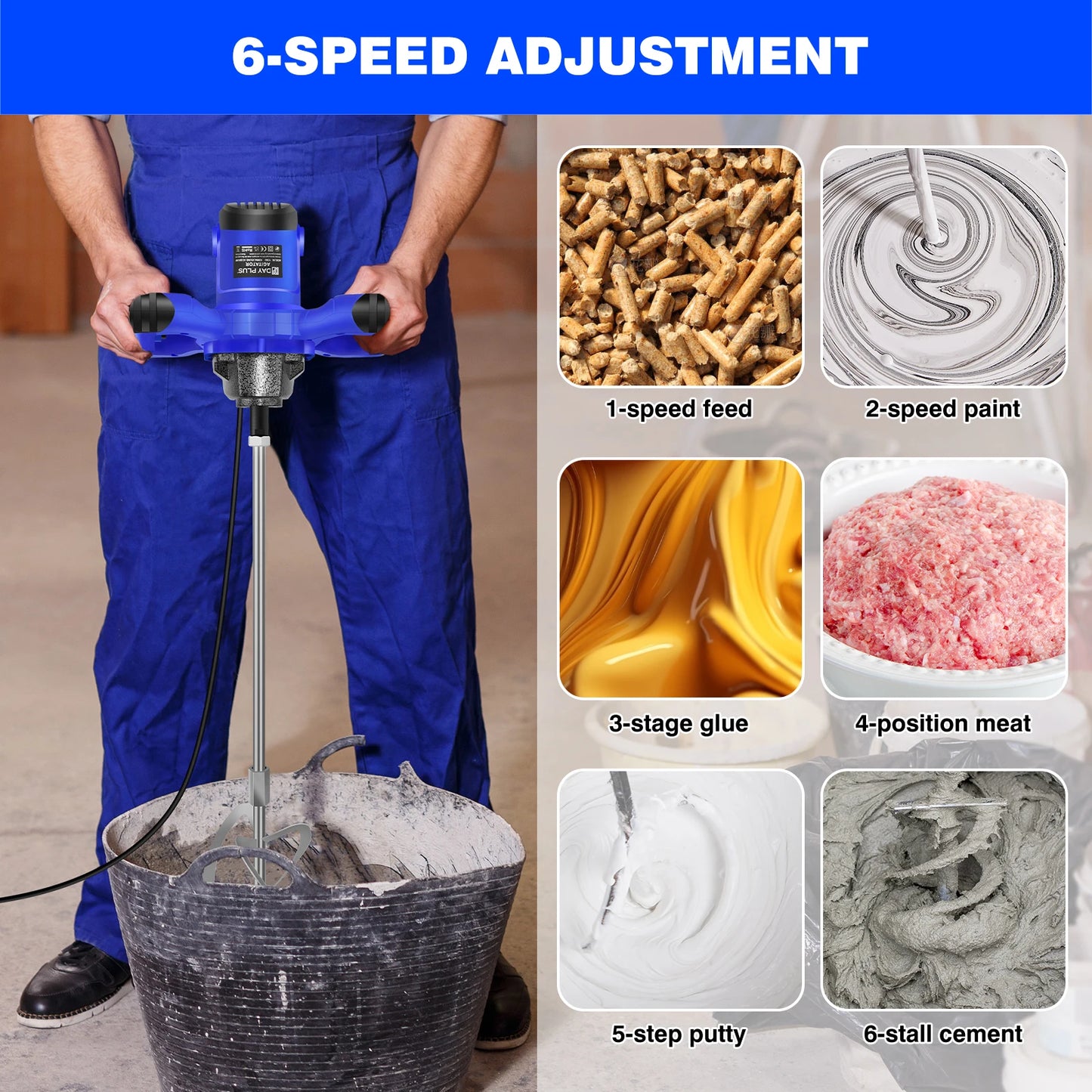 2600W Portable Electric Cement Mixer, 6 Speed Handheld Mixer Stirring Tool for Mixing Grout Paint Mortar Mud Plaster Tool