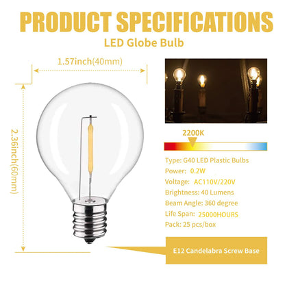 Plastic LED Filament Bulb E12 Screw Socket Shatterproof G40 220V 110V 1W Outdoor Globe Garland String Light Replacement Bulb