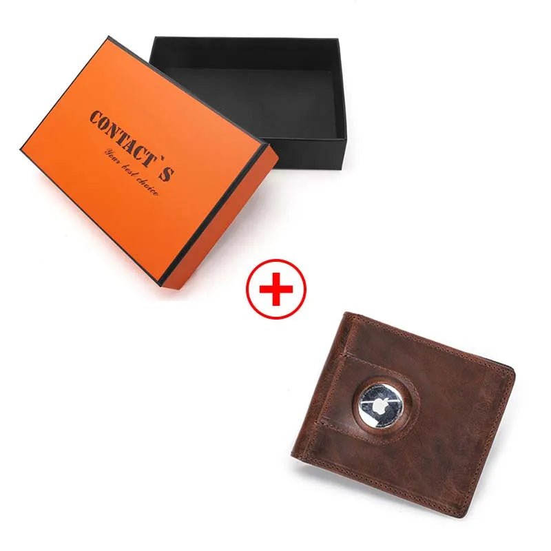 CONTACT'S Genuine Leather Men Slim Wallet RFID Casual Money Clip Male Wallets Airtag Holder Credit Card Small Purse Coin Pocket