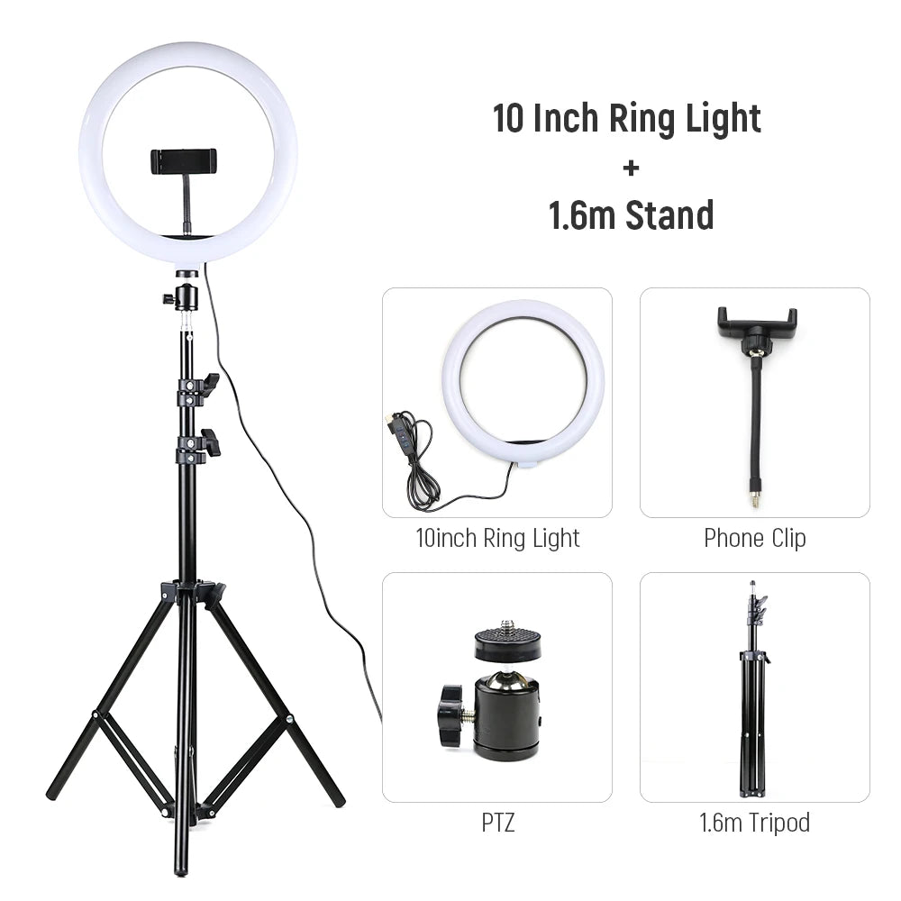 26cm 10inch Led Selfie Ring Light Round Ring Lamp with Phone Holder Photography Fill Lighting with Tripod for Youtube Live Video