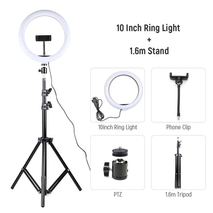 26cm 10inch Led Selfie Ring Light Round Ring Lamp with Phone Holder Photography Fill Lighting with Tripod for Youtube Live Video