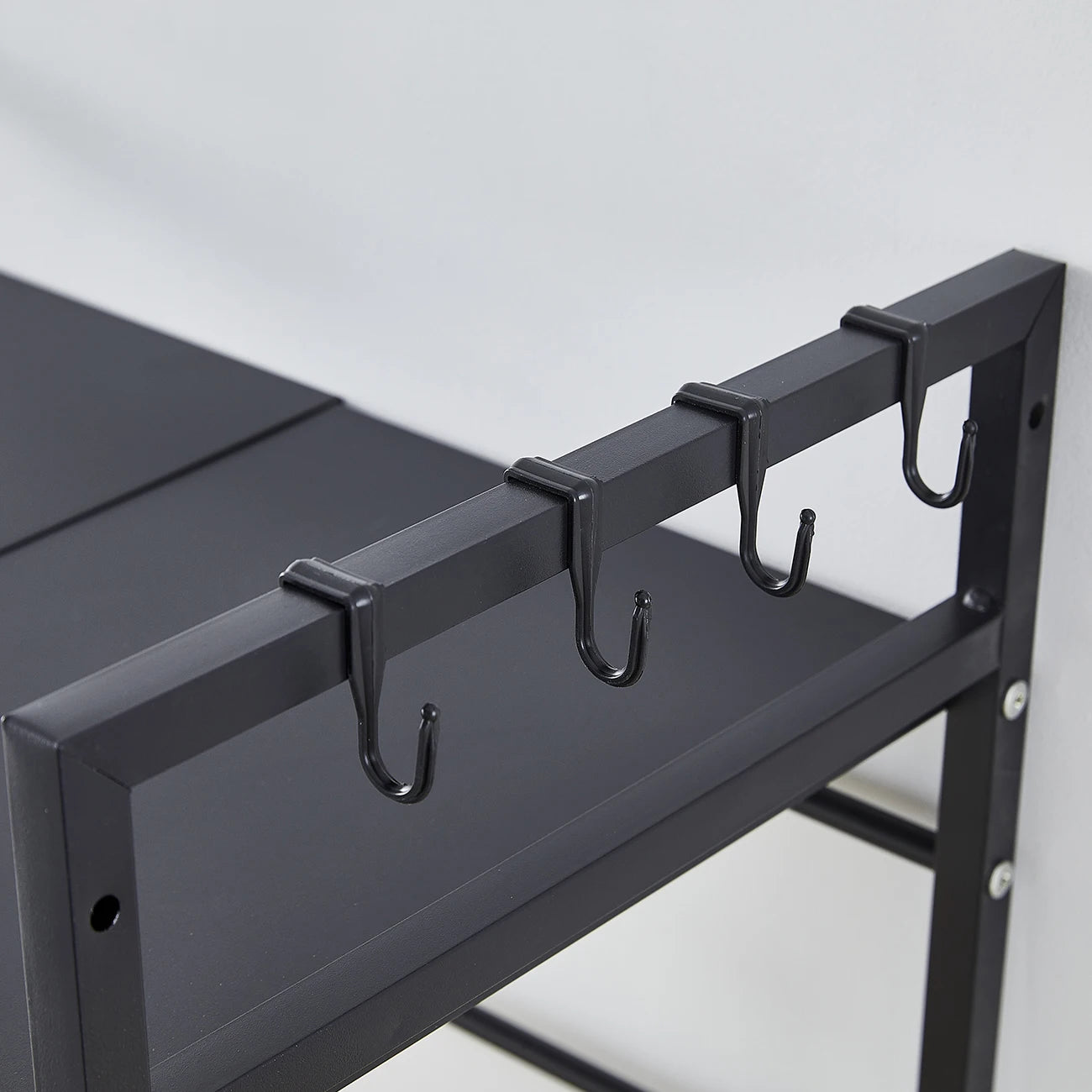 BonChoice 2/3-Tier Expandable Microwave Oven Rack Countertop for Kitchen, Microwave Shelf Stand Metal with 6 Hooks Black White