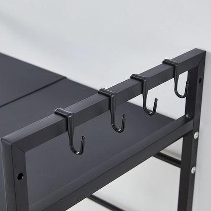 BonChoice 2/3-Tier Expandable Microwave Oven Rack Countertop for Kitchen, Microwave Shelf Stand Metal with 6 Hooks Black White