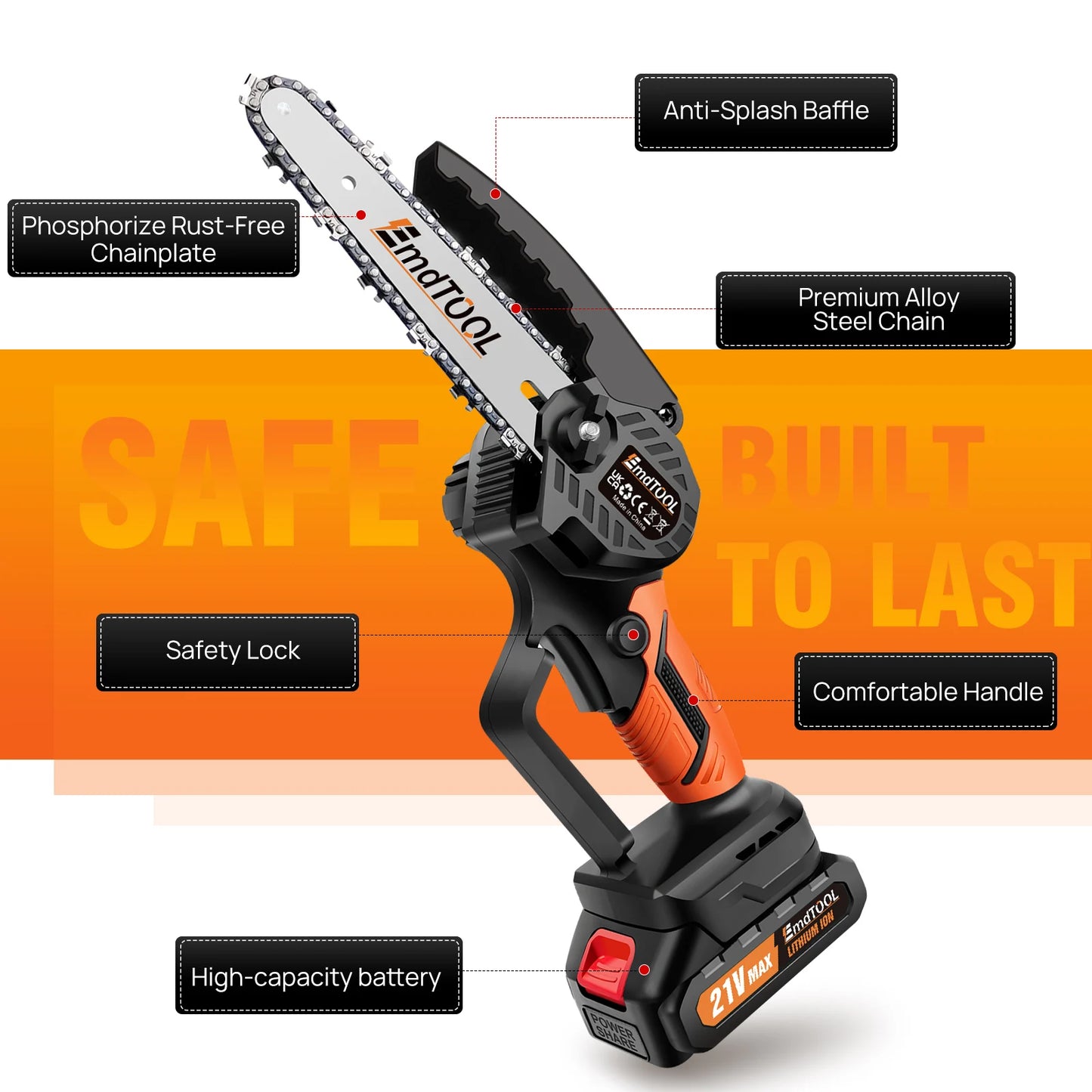 Handheld Mini Chainsaw Cordless 6 Inch Powerful Electric Chain saw with 2 Chains, Security Lock for Wood Cutting Tree Trimming