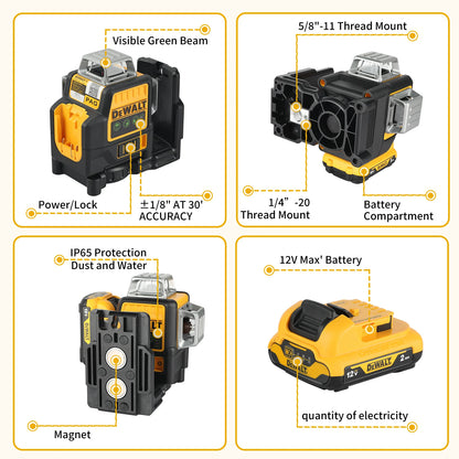2026 Dewalt DW089LG 3 Sides*360 Degree Vertical 12V Lithium Battery 12 Lines Laser 360 Level Horizontal Green Meter Outdoor
