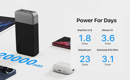 Nobis 20000mAh 45W Powerbank Fast Charge Power Bank with LED Display, Super Fast Charging Portable Charger with LED Display for iPhone 17 16 15 14 13
